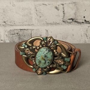 Vintage Leatherock Brown Belt With Stunning Turquoise Stone Belt Buckle